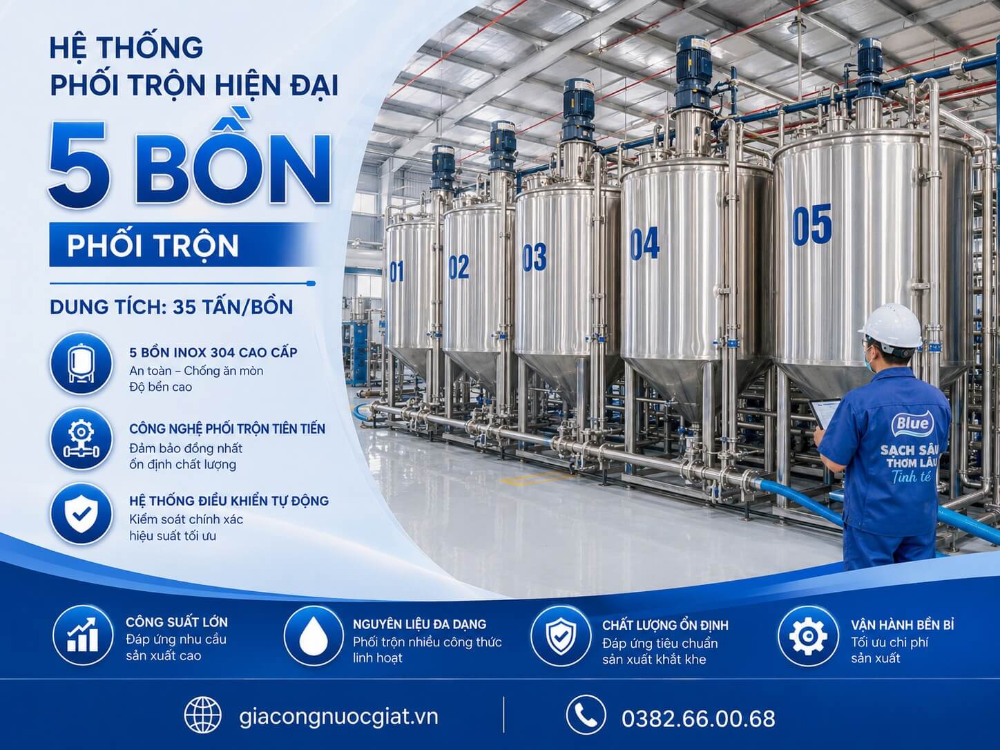 5 bồn phối trộn tại nhà máy sản xuất gia công nước giặt Hà Thành