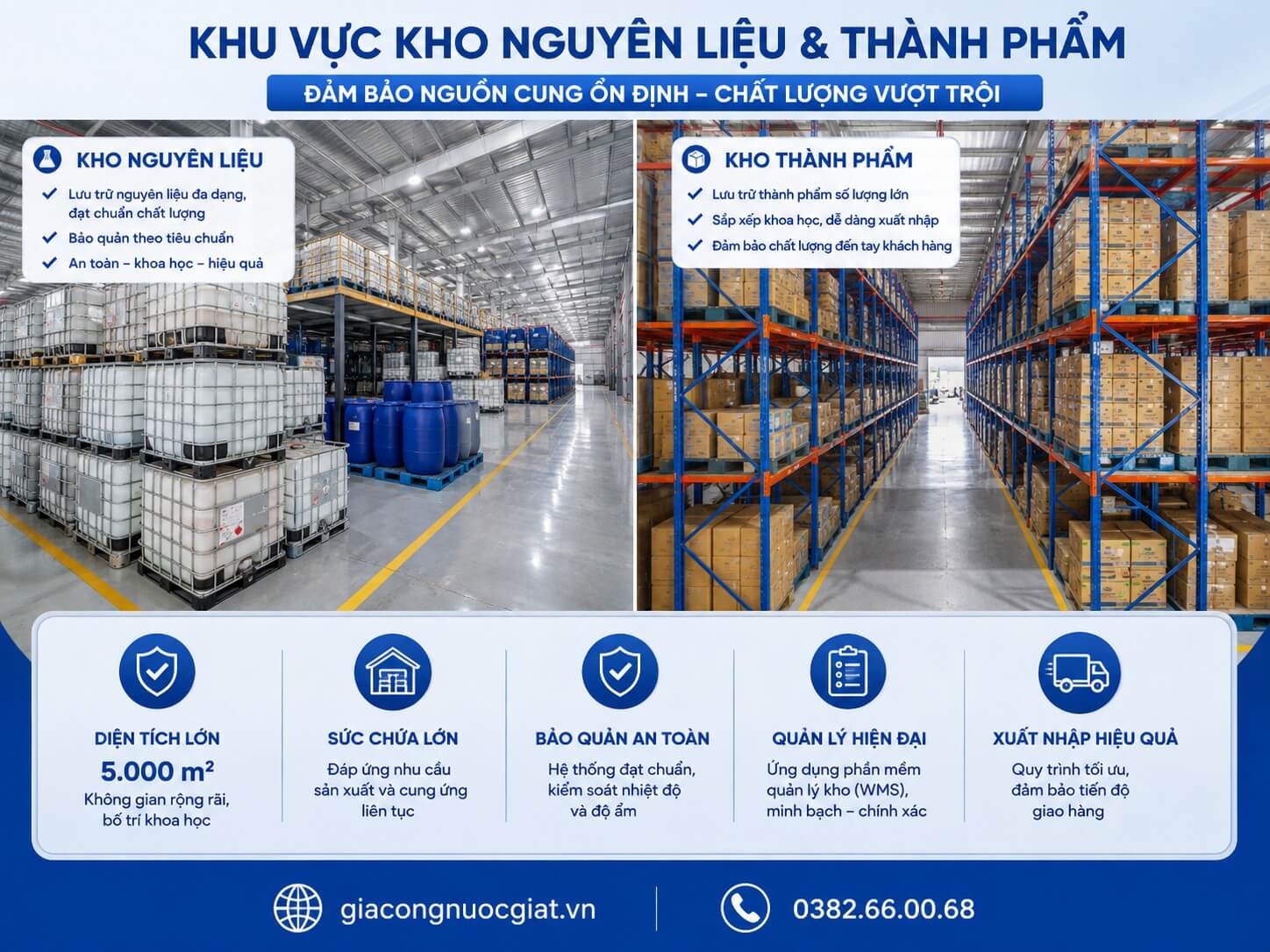 kho nguyên liệu và thành phẩm tại nhà máy gia công sản xuất nước giặt Hà Thành