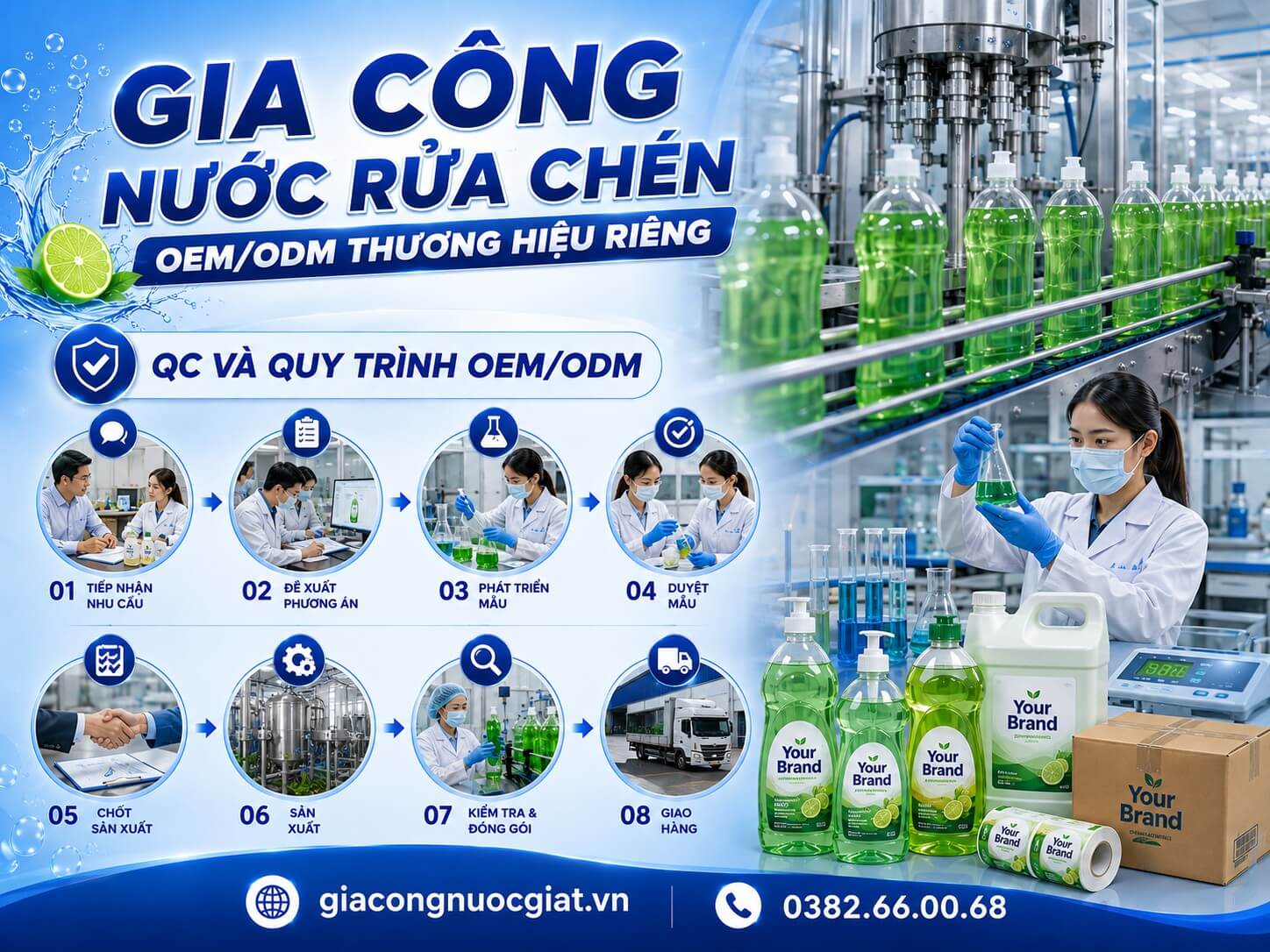 QC và quy trình OEM/ODM tại nhà máy gia công nước rửa chén Hà Thành